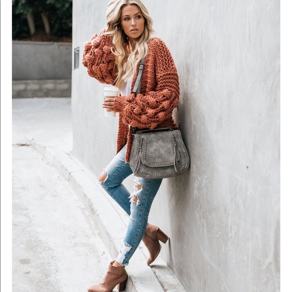 NWT Popcorn Sleeve Rust Handmade Cardigan - Picture 7 of 8